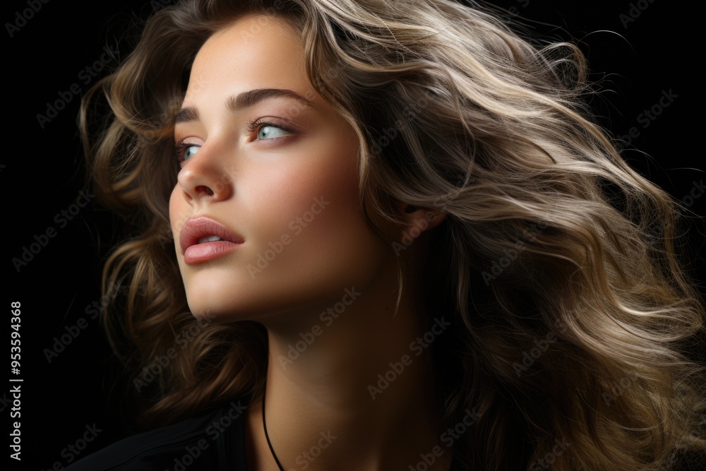 Naklejka premium Woman with long wavy hair against black background