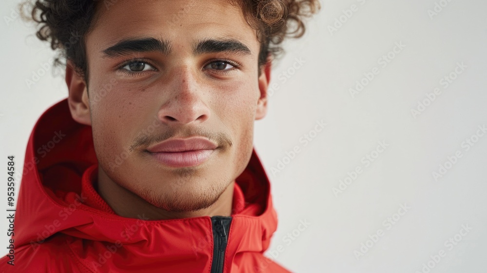 Fototapeta premium Young Fashionable Man in Red Jacket Looking Thoughtful on Minimalist White Background