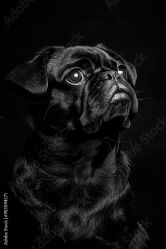 portrait studio photograph of pug black and white