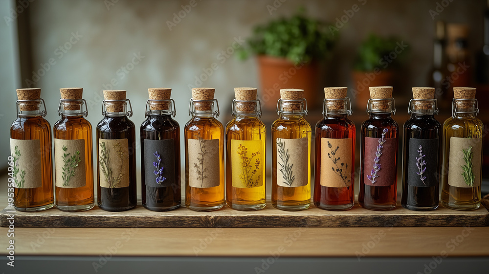 A collection of natural oils in glass bottles, displayed beautifully with labels, ready for skincare. A collection of natural oils in glass bottles, displayed beautifully with labels, ready for skincare.