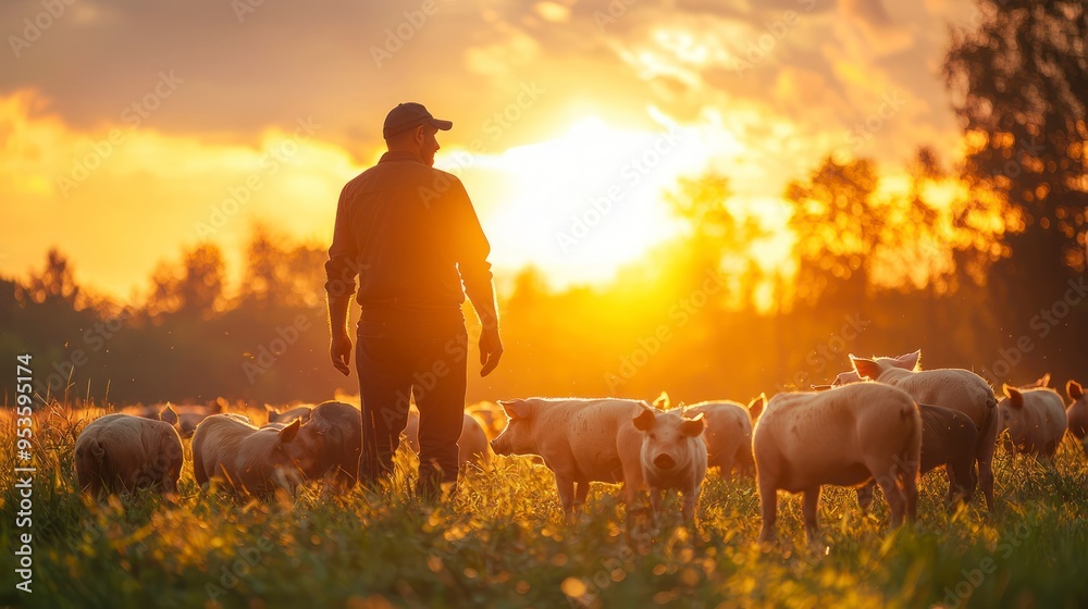 Farmer herding pigs at sunrise in a rural landscape with golden light