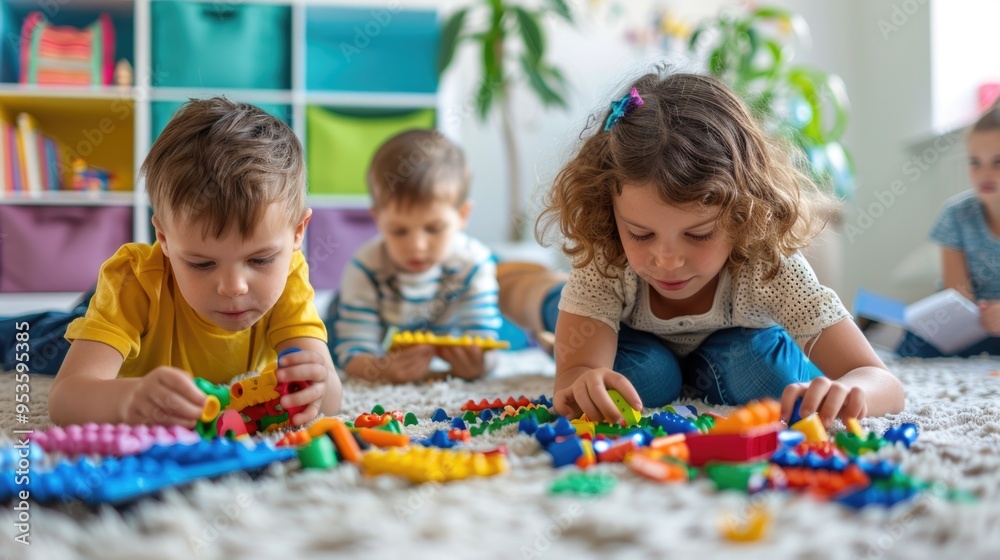Children playing with colorful building blocks in a playroom Children playing with colorful building blocks in a playroom