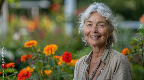 Senior woman smiling in a flower garden