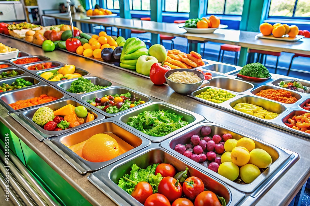 A colorful cafeteria setting with metal trays, fresh fruits, and nutritious meals on display, highlighting a school's A colorful cafeteria setting with metal trays, fresh fruits, and nutritious meals on display, highlighting a school's