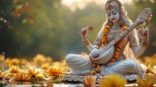 Serene Illustration of Goddess Saraswati with Veena Surrounded by Lotus Flowers – Vasant Panchami Festival Spiritual Art Concept