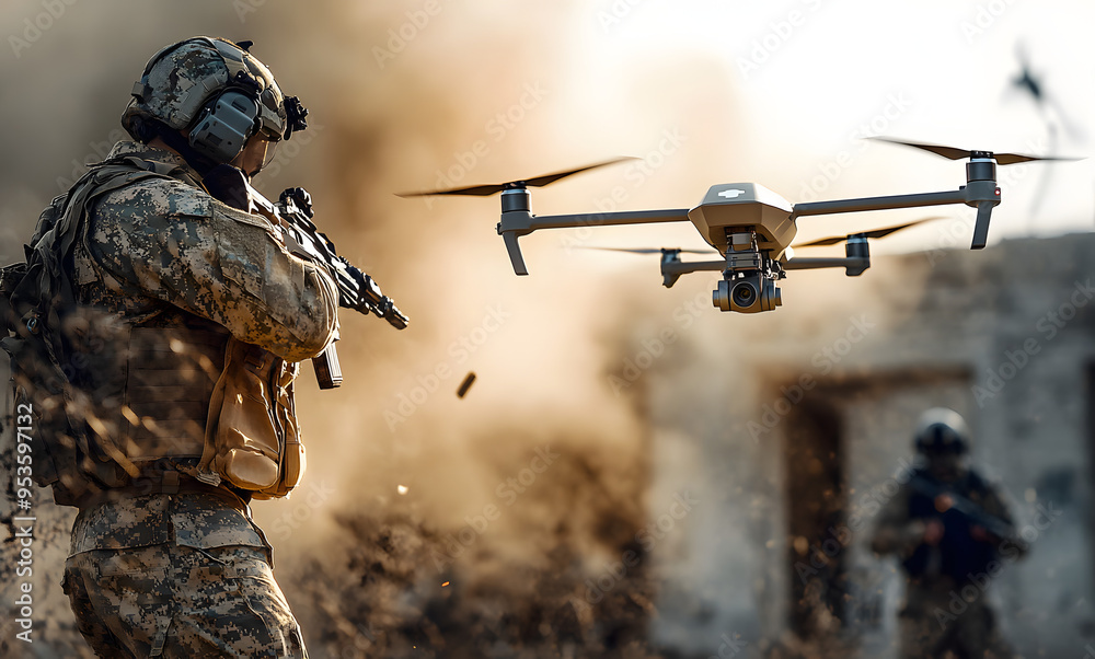 Soldier UAV operator launches army drone with bomb to drop into enemy fortifications and trenches. Concept using military robots in modern warfare Soldier UAV operator launches army drone with bomb to drop into enemy fortifications and trenches. Concept using military robots in modern warfare