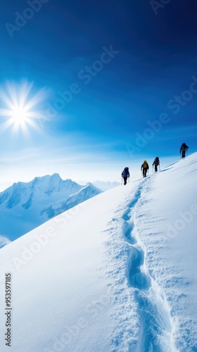 Adventure seekers ascend a snowy mountain trail under a bright sun, capturing the essence of winter exploration and outdoor joy.