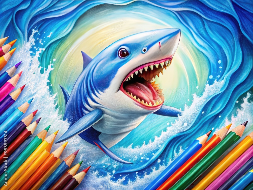 Naklejka premium A colorful illustration of a menacing shark emerging from a sea of swirling blue pencils, crayons, and markers on a white sketchbook page background.