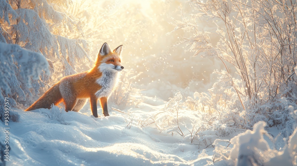 Red fox standing in snowy forest during golden sunset