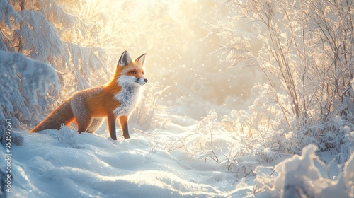 Obraz na płótnie Red fox standing in snowy forest during golden sunset w salonie