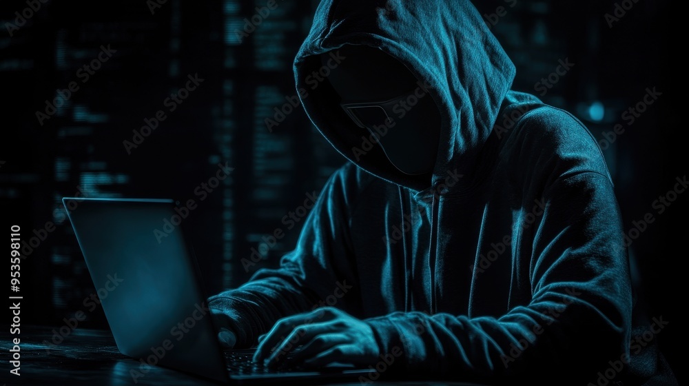 A shadowy figure in a hoodie works intently on a laptop, immersed in the world of hacking and cybersecurity. A shadowy figure in a hoodie works intently on a laptop, immersed in the world of hacking and cybersecurity.