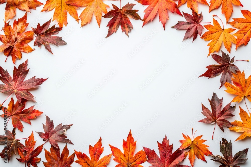 Autumn Maple Leaves Flat Lay White Background created with Generative AI Autumn Maple Leaves Flat Lay White Background created with Generative AI