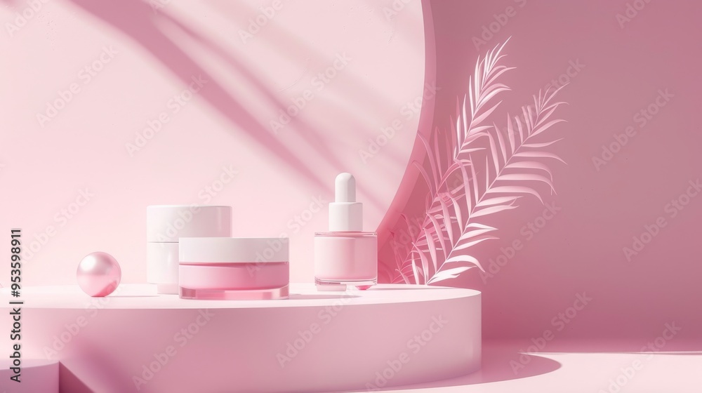 Soft pink hues dominate this image featuring a minimalist setup for skincare products, with light creating gentle shadows Soft pink hues dominate this image featuring a minimalist setup for skincare products, with light creating gentle shadows