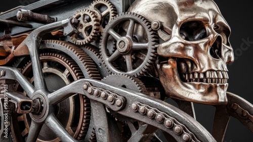 Intricate Steampunk Art with Metallic Human Skull, Gears, Cogs, Chains, and Rusty Industrial Machinery Elements Depicting a Fusion of Life and Mechanical Engineering