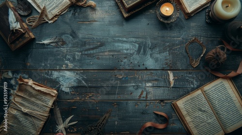 A flat lay of an old wooden table with candles, ancient books and quills scattered across the surface