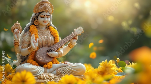 Goddess Saraswati Statue Decorated with Marigold Flowers During Vasant Panchami Festival in Spring Garden Setting