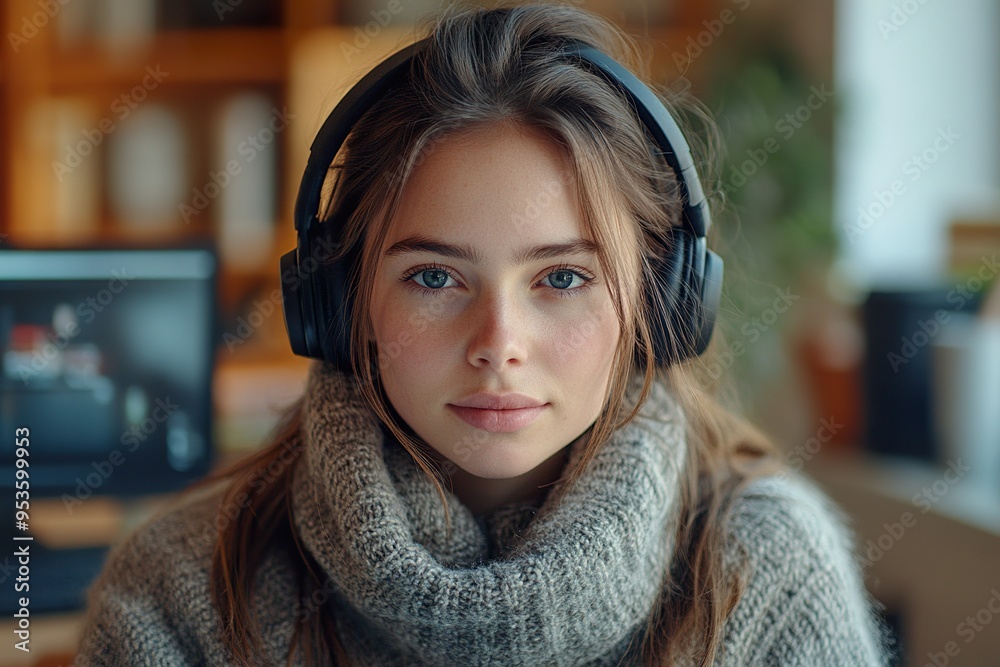 Pretty Young Woman Engaged in an Audio Lesson Sitting at Her Desk with Headphones On Pretty Young Woman Engaged in an Audio Lesson Sitting at Her Desk with Headphones On