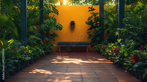A  patio with a wooden benc...