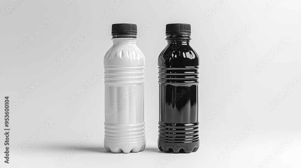Black and White Beverage Bottles on Minimalist Background Generative AI Black and White Beverage Bottles on Minimalist Background Generative AI