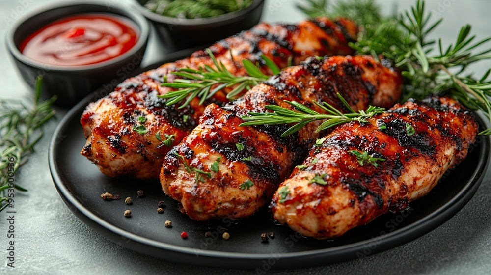 Grilled Spicy Chicken with Ketchup on Black Plate, Top View Grilled Spicy Chicken with Ketchup on Black Plate, Top View