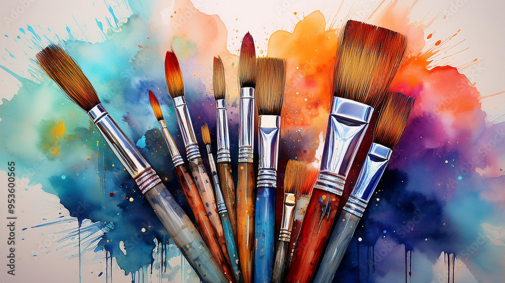Obraz premium bunch of paint brushes with watercolor stains on the backgrounds