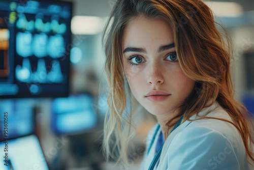 Serious Medical Intern Studying Electronic Health Records photo