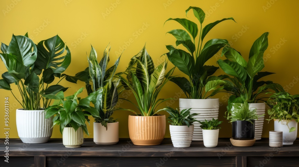 Green houseplants in pots on floor near wall. Neural network ai generated art Green houseplants in pots on floor near wall. Neural network ai generated art
