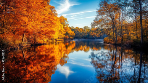 Fototapeta Naklejka Na Ścianę i Meble -  Vibrant autumn foliage reflecting on a tranquil lake under a bright blue sky in the heart of nature