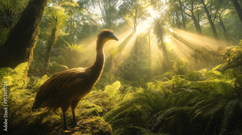 Extinct Moa Bird Standing Tall in Dense Prehistoric Forests of Ancient New Zealand
 photo