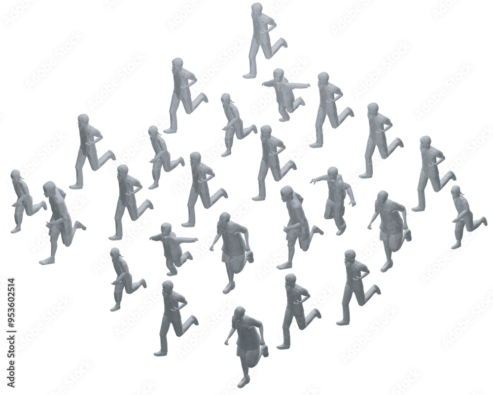 Polygonal model of running people isolated on white background. Men, women and children running. Vector illustration. 3D Polygonal model of running people isolated on white background. Men, women and children running. Vector illustration. 3D