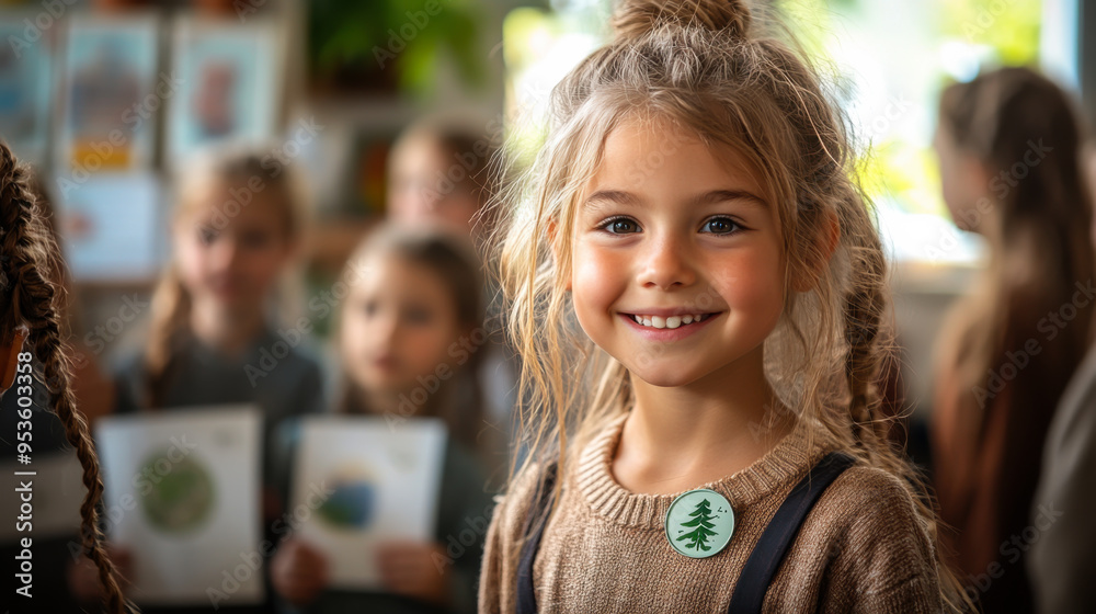 Smiling girl in a classroom filled with children, showcasing a lively learning environment, during a sunny day Smiling girl in a classroom filled with children, showcasing a lively learning environment, during a sunny day