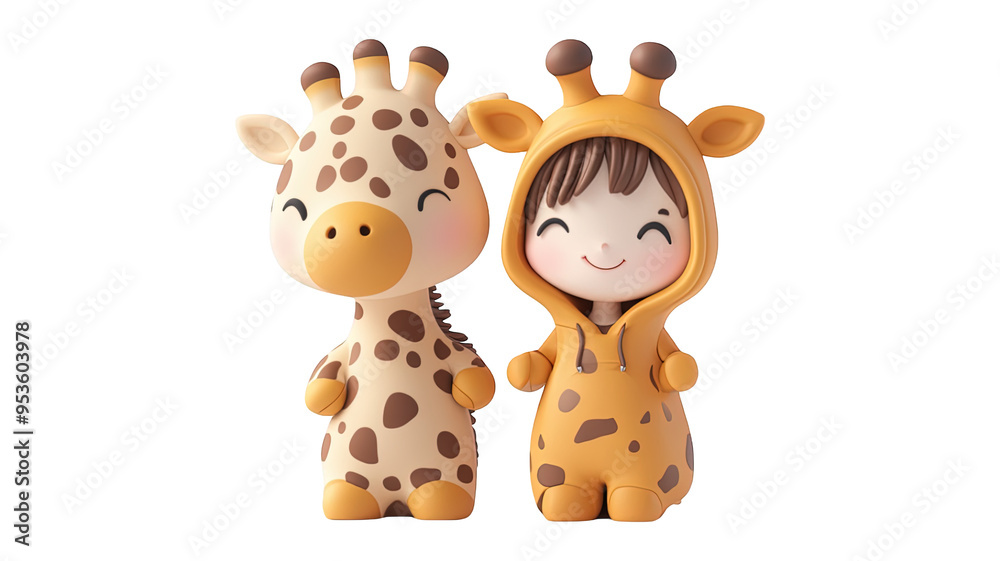 Obraz premium Giraffe Costume Couple Characters With Long Necks Isolated On Transparent Png Background, Ideal For Animal-Themed Designs And Costume Story Illustrations . Generative ai