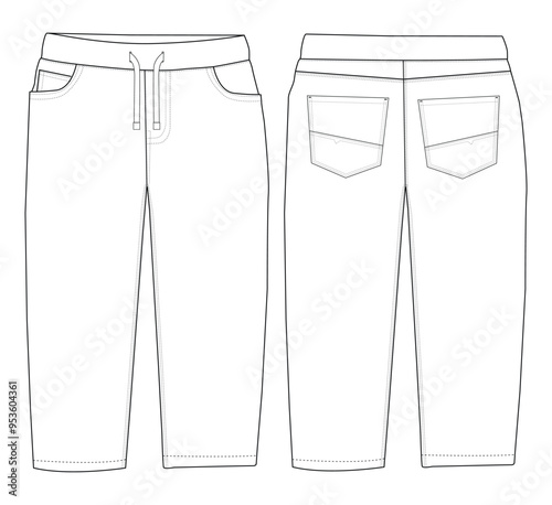 Baby Boys Woven Pant fashion flat sketch template Technical Fashion illustration vector with front and back view,