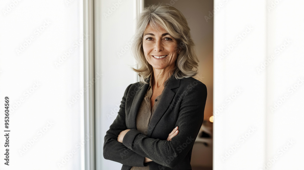 A confident woman with gray hair stands with her arms crossed, smiling warmly. She is dressed in a dark blazer and standing inside a well-lit room, possibly an office or home.AI generated. A confident woman with gray hair stands with her arms crossed, smiling warmly. She is dressed in a dark blazer and standing inside a well-lit room, possibly an office or home.AI generated.