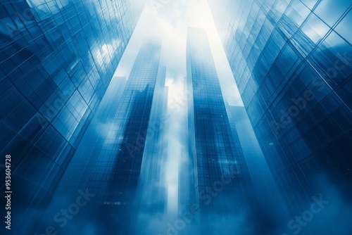 Low-Angle View of Tall Skyscrapers Surrounded by Morning Fog, Concept of Urban Architecture and Modern Business District in a Futuristic City