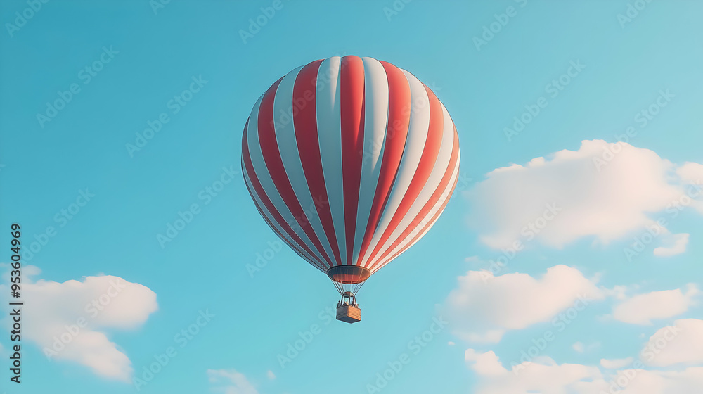 Red and White Striped Hot Air Balloon Flying in Blue Sky with White Clouds Red and White Striped Hot Air Balloon Flying in Blue Sky with White Clouds