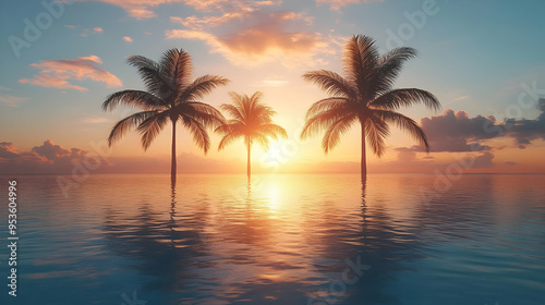 Tropical Sunset with Palm Trees and Calm Ocean Water