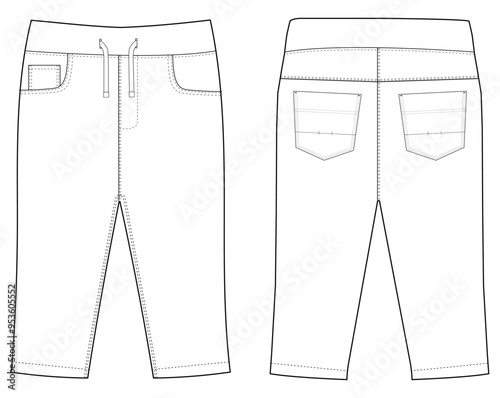 Baby Boys Woven Pant fashion flat sketch template Technical Fashion illustration vector with front and back view,