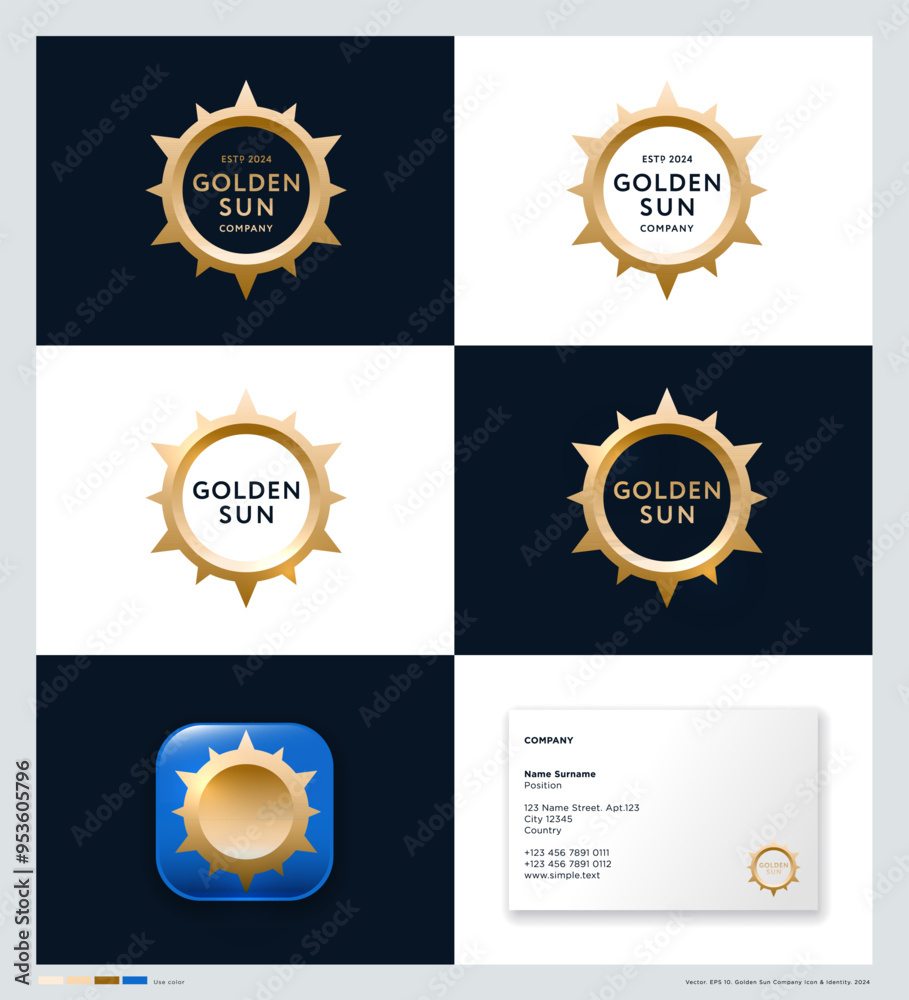 Golden Sun logo and identity. Golden frame with rays and letters inside. Identity, App icon, business Card. Golden Sun logo and identity. Golden frame with rays and letters inside. Identity, App icon, business Card.