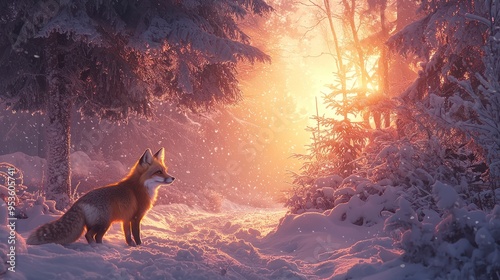 Red Fox in Snowy Forest at Sunset