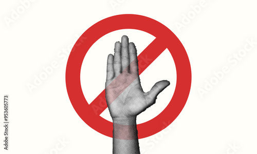 halftone collage, Stop. A raised hand inside a red prohibition sign, symbolizing restriction or denial. Ideal for conveying warnings, rules, or no-entry messages