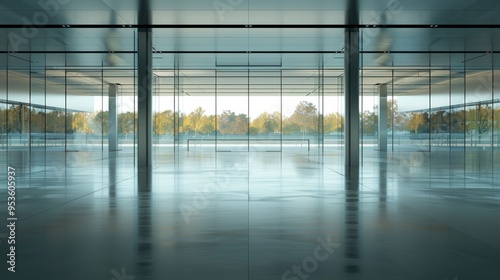 super slick shot of an open space with windows on the back, looking like one from the apple park building form apple keynote presentaitons, very simmetrical shot, lots of light, clean and modern minim