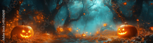 Magical forest with candy trees and glowing pumpkin lanterns, with a spooky fog and dark sky, Halloween