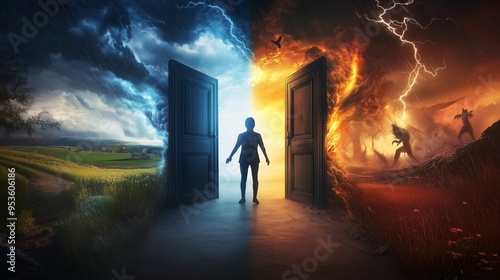 A split image of a person standing between two doors one door opens to a serene landscape with a clear blue sky, lush fields, and a welcoming home, while the other door reveals a stormy, chaotic world