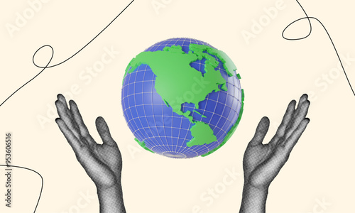 halftone collage, Global care concept, Hands reaching toward a globe, symbolizing environmental responsibility and global unity, for sustainability and climate change campaigns