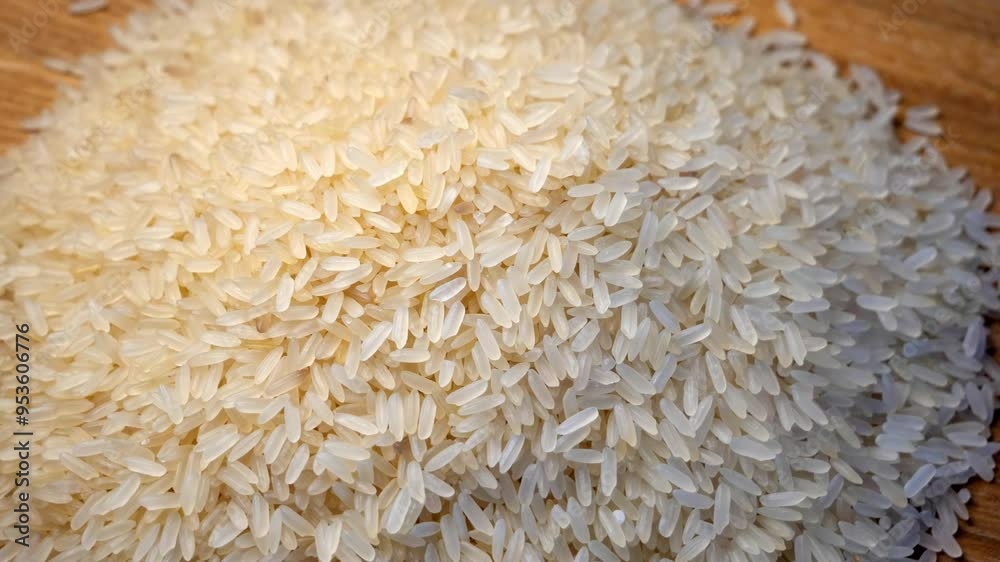 A close-up view of a mound of white rice. The grains are densely packed together, creating a smooth, textured surface. The light reflects off the grains, giving them a slightly glossy appearance.