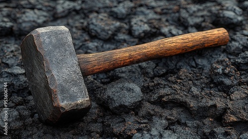 Heavy Iron Hammer with Carved Wooden Handle on Natural Ground, Exhibiting Strength and Durability photo