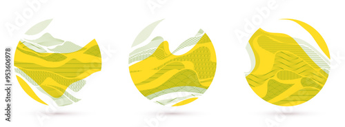 Oriental Japanese style vector abstract illustrations set in yellow color in a shape of circle, backgrounds in Asian traditional style, wavy shapes and mountains terrain, runny like sea lines.