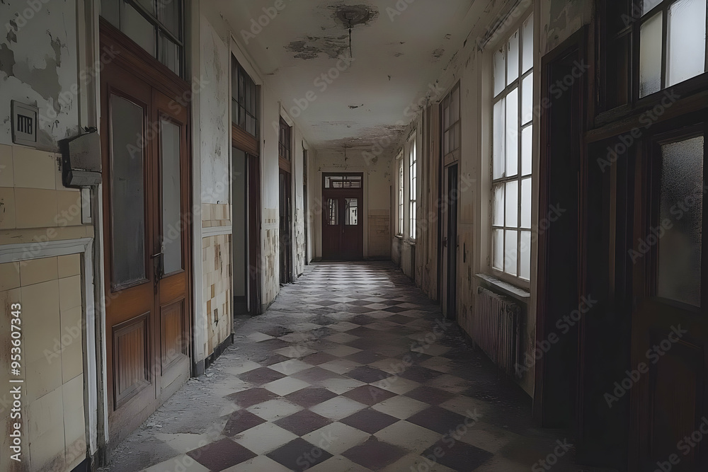 Abandoned Hallway with Checkered Floor and Old Doors Abandoned Hallway with Checkered Floor and Old Doors