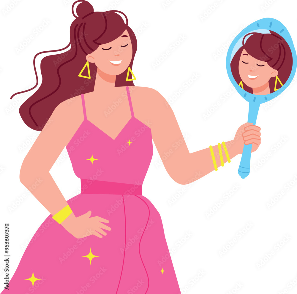 Beautiful woman looking in mirror. Pretty young person Beautiful woman looking in mirror. Pretty young person